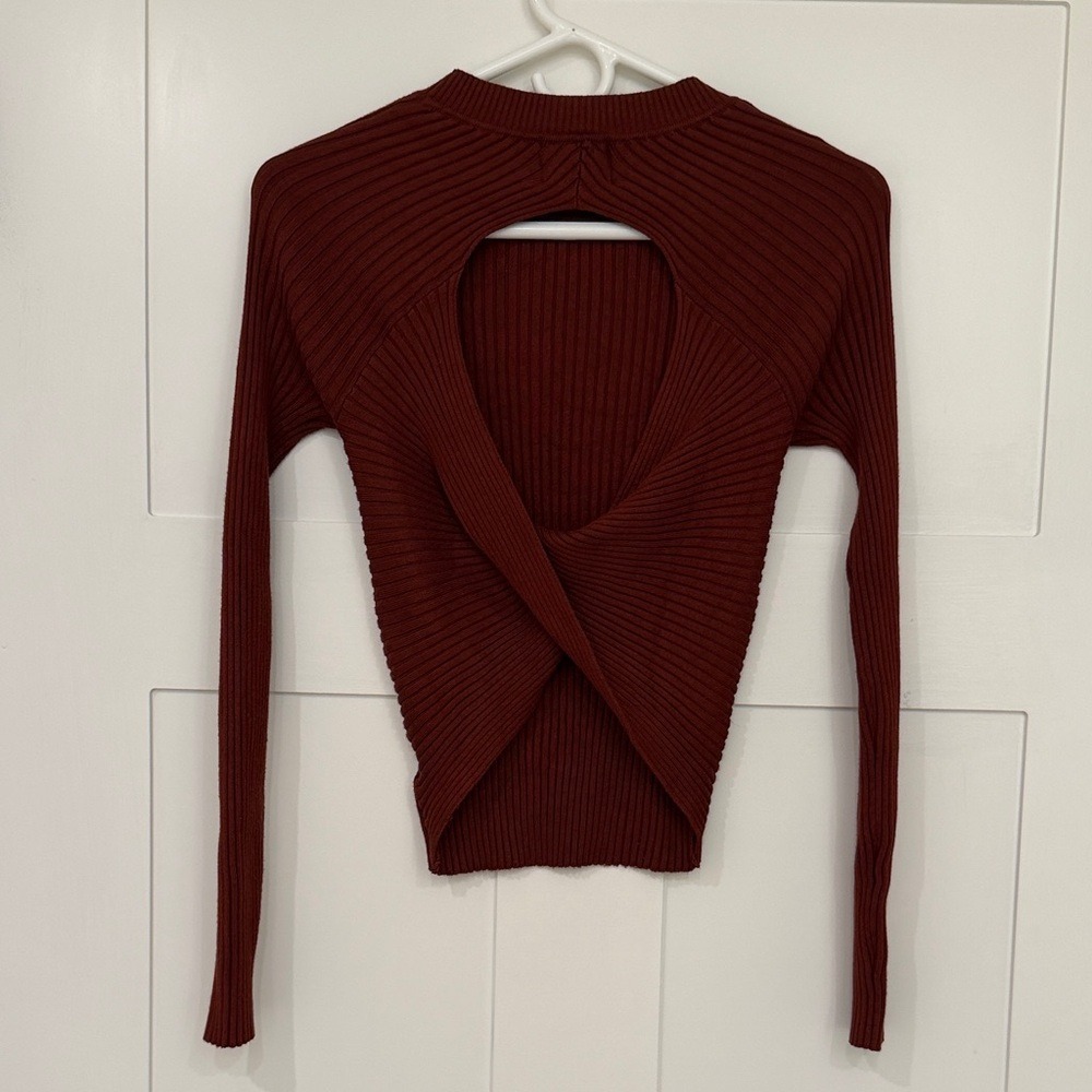 Pink Rose Ribbed Knit Open Back Twist‎ Sweater Rust Burgundy Size Small - Picture 6 of 7